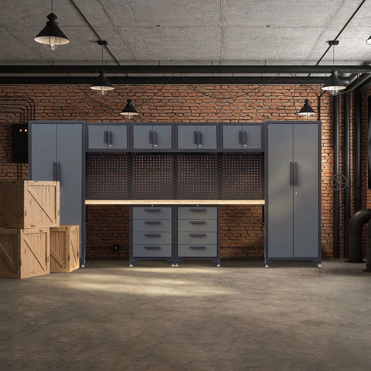Système d'armoires de rangement de garage HPDMC, ensemble d'atelier de 7 pièces, système d'armoires de garage en métal avec tiroirs en acier, établi et panneau perforé pour l'organisation des outils de garage