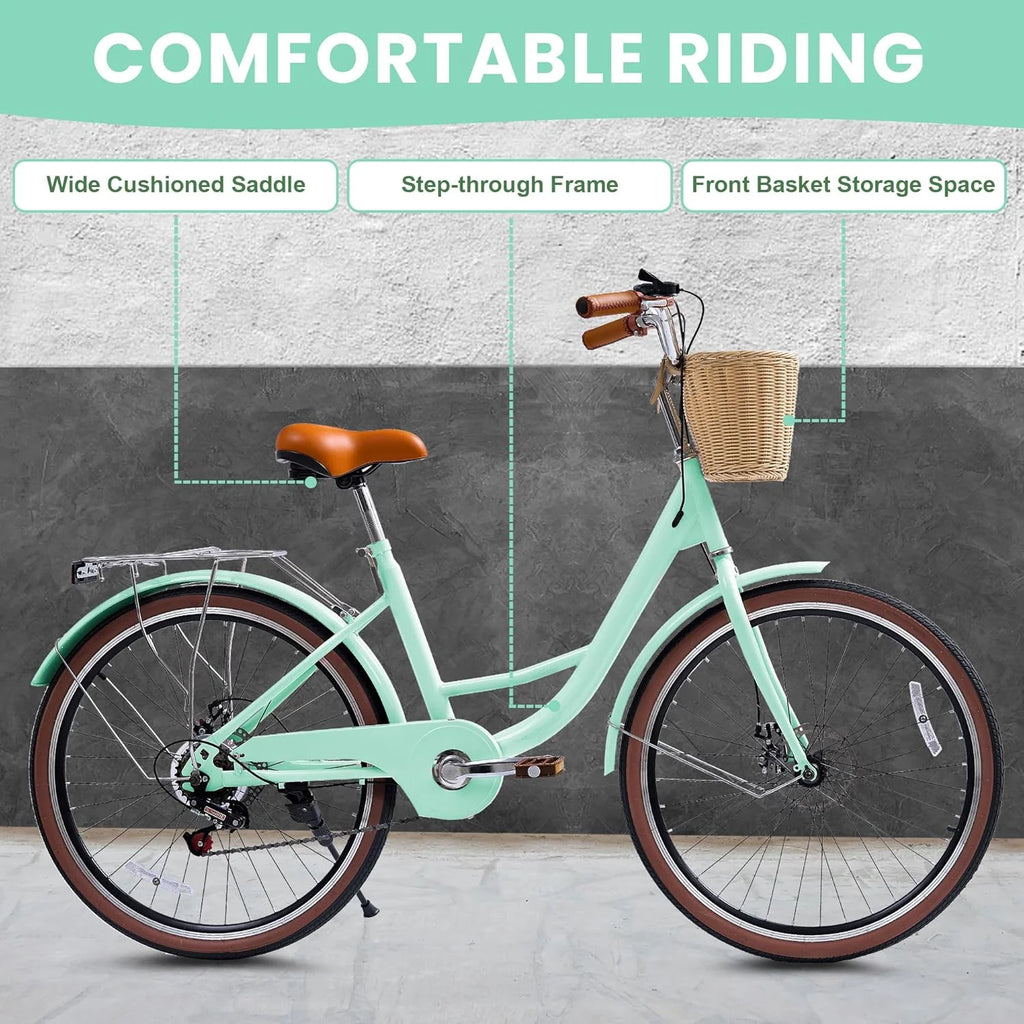 26 Vélos de Plage pour Femme, Vélos Pipleo pour Femme avec Panier en Rotin, 7 Vitesses & Cadre Ouvert