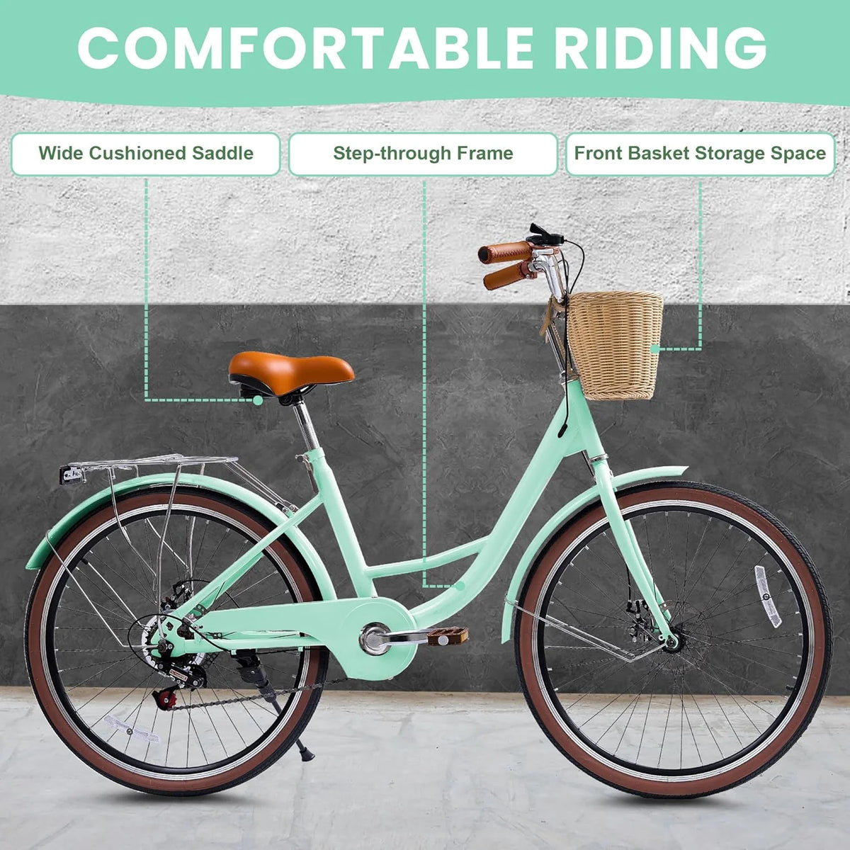 26 Vélos de Plage pour Femme, Vélos Pipleo pour Femme avec Panier en Rotin, 7 Vitesses & Cadre Ouvert