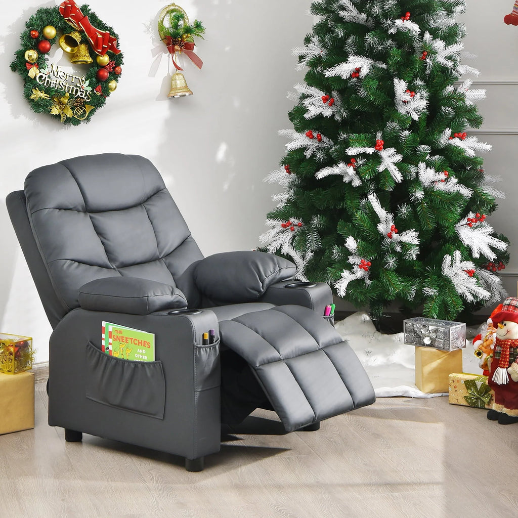 Fauteuil inclinable pour enfant et adolescent Costway en similicuir PU avec porte-gobelets et poches latérales, gris